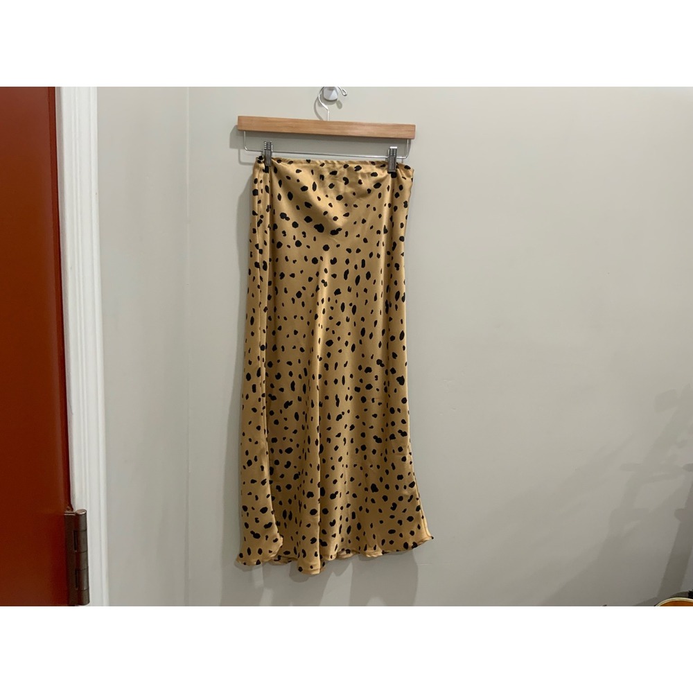 Aakaa Dalmatian Print Satin Midi Skirt Tan Black Animal Print Size L Side Zip